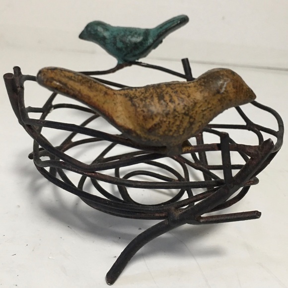 Wrought Iron Birds Sitting on a Wire Nest Basket Rustic Metal Art 5.5” EUC - Picture 1 of 8